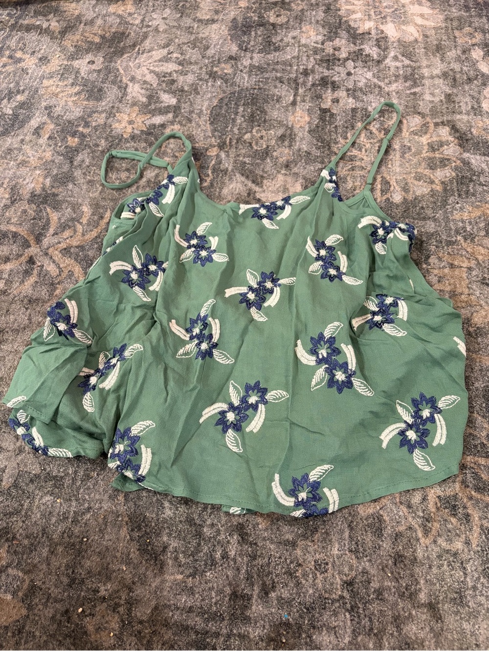 Lumiere Green Floral Embroidered Spaghetti-Strap Tank